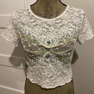 Claire Pettibone Cream Sheer Floral Lace Crew Crop Top Tee